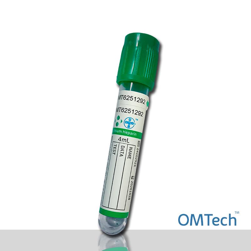 Пробірка Вакуумна для забору крові "OMTech", з літій гепарин, стерильна, з зеленою кришкою, 4 мл, 13*75 мм RENJI MEDICAL